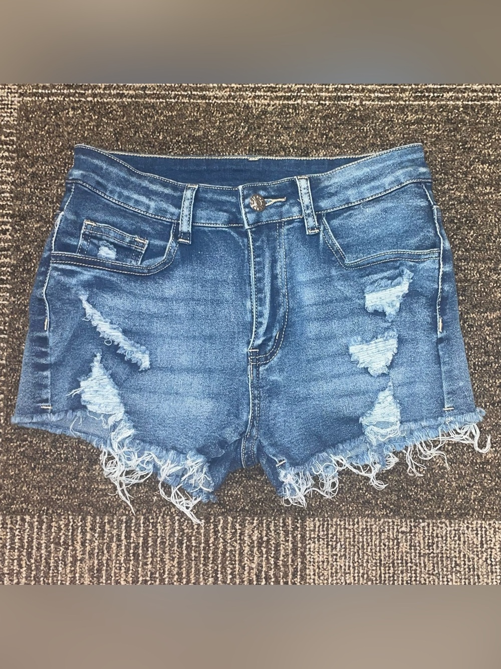 Mid Rise Medium Wash Ripped, Distressed & Frayed Cotton Denim Shorts